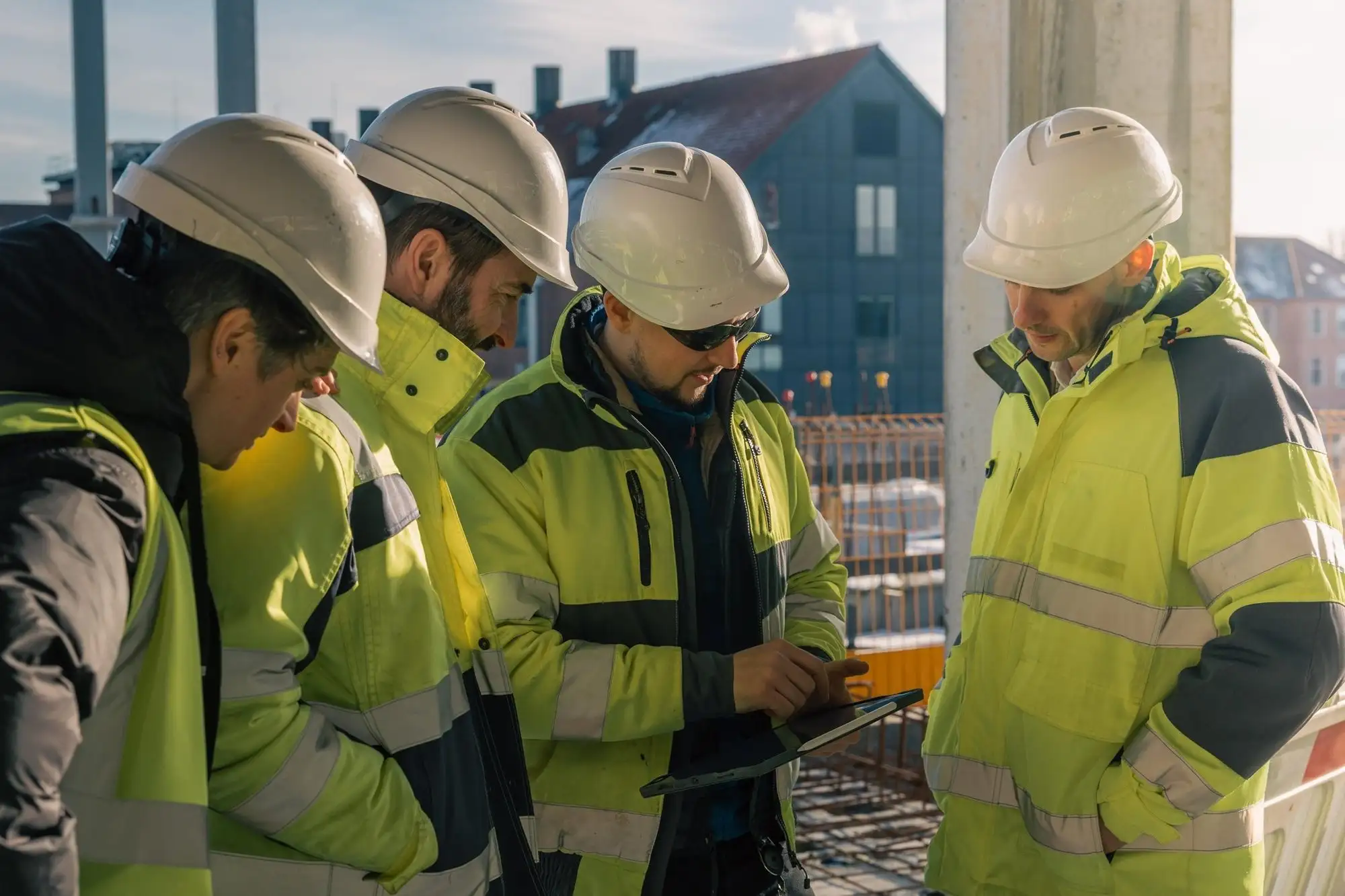 Grupp byggarbetare i hjälm och gula varselkläder studerar en plan