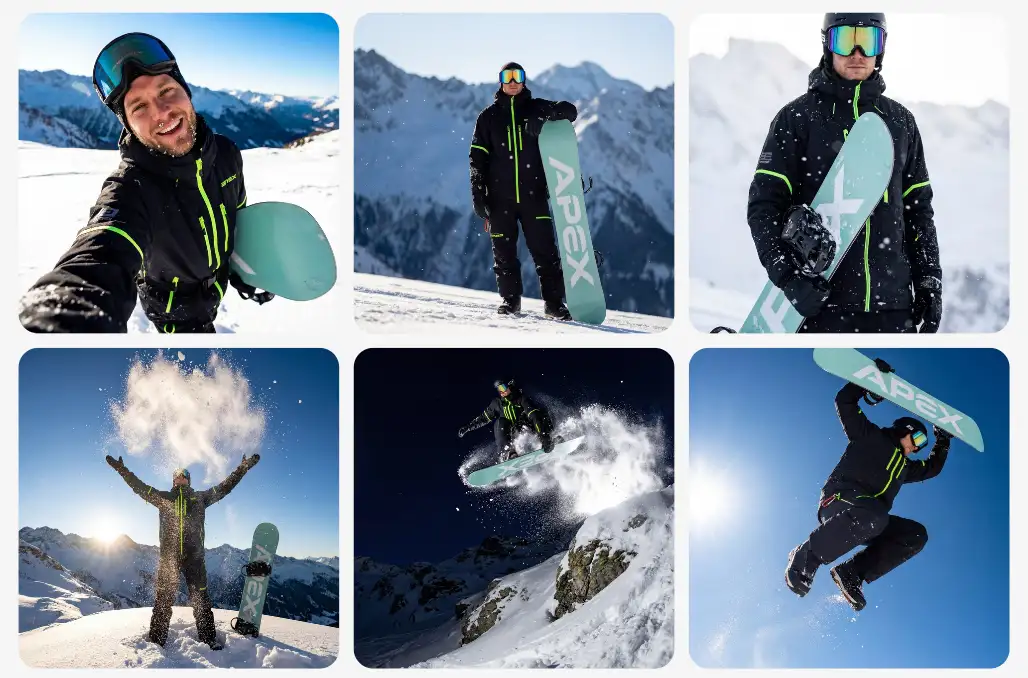 Sex AI-genererade lifestylebilder av en snowboardåkare i alpmiljö